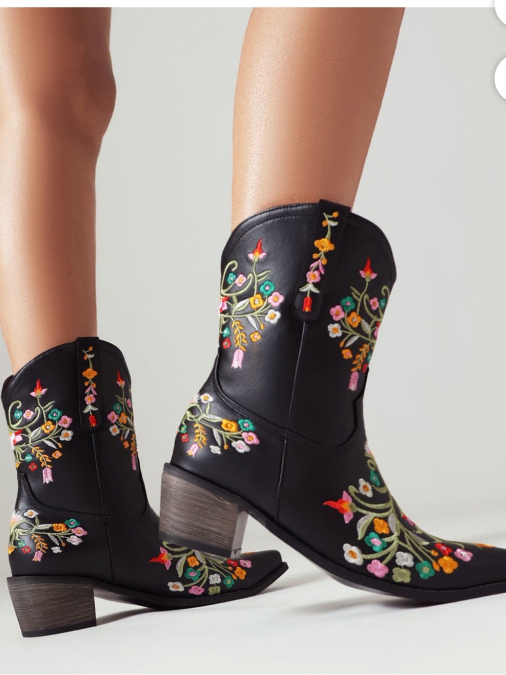 Embroidered Black Western Ankle Boots